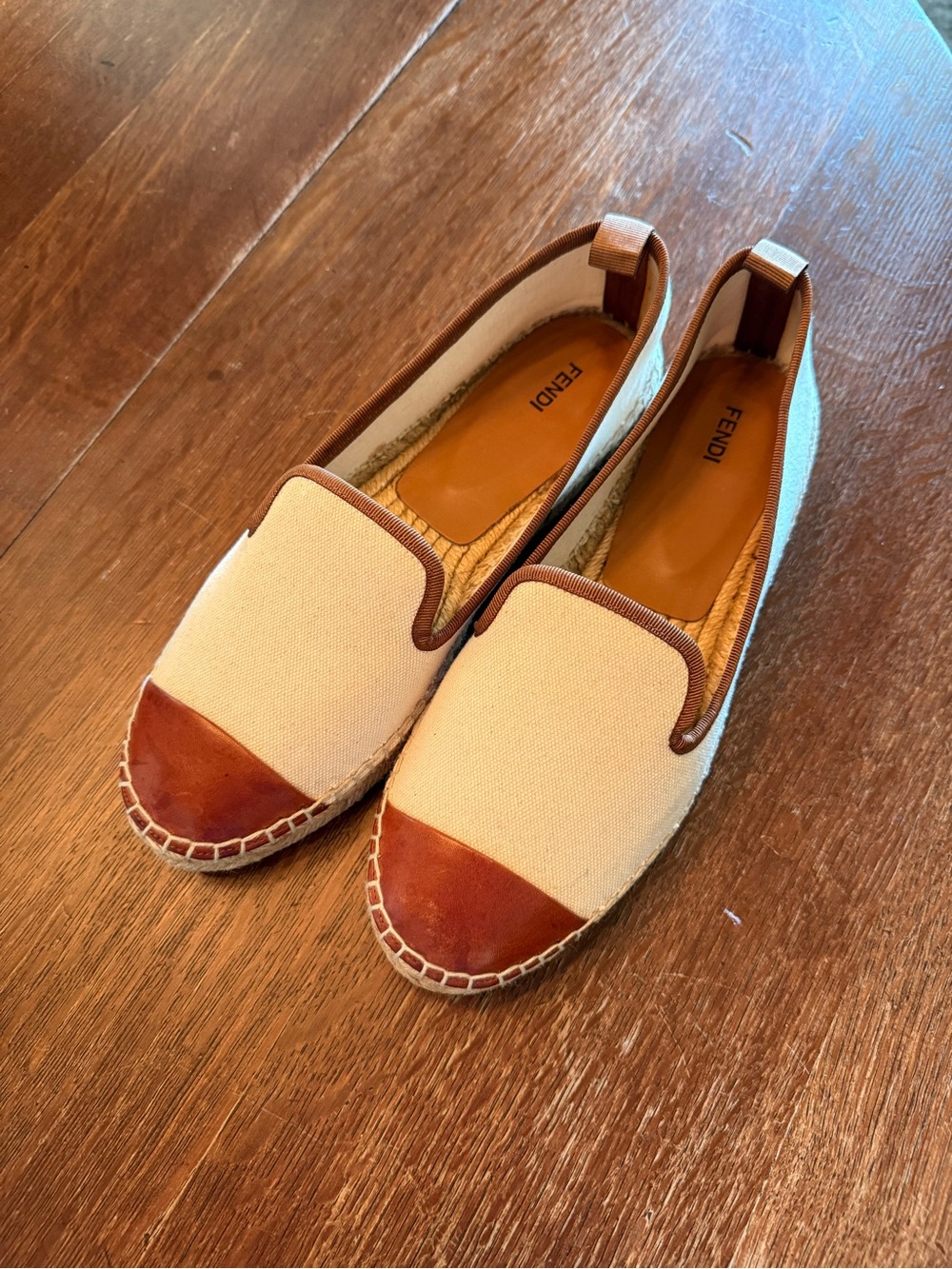 Fendi Cream Canvas and Brown Leather-Trim Espadrilles